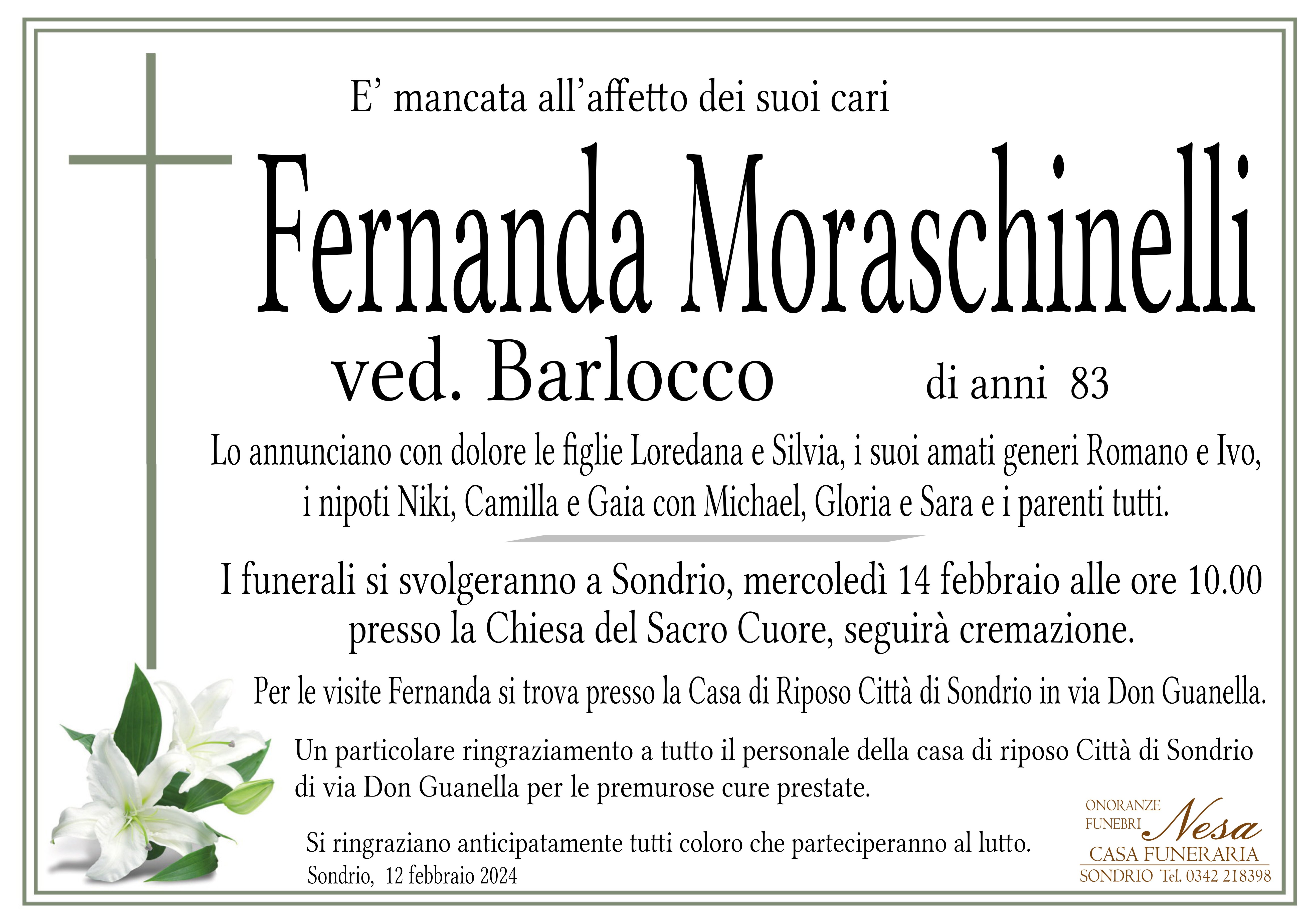Necrologio Fernanda Moraschinelli ved. barlocco